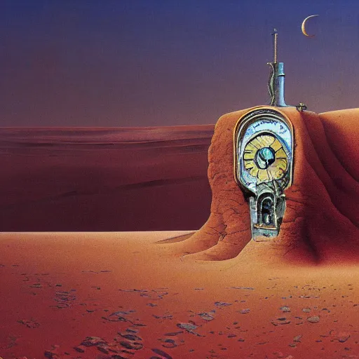 Prompt: a grandfather clock with a distressed face in the middle of the desert, digital painting, by Zezislaw Beksinski, intricate detail, masterpiece, beautiful, gorgeous, 4k wallpaper