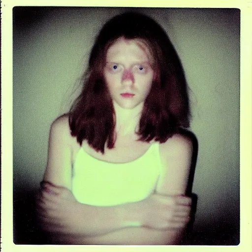 Prompt: photograph, closeup polaroid photo of a young pale woman with shoulder length ginger hair in a dark room, blue eyes, no makeup, wearing a black tshirt, flash photography, indoor setting, high contrast, sharp, trending on tumblr,