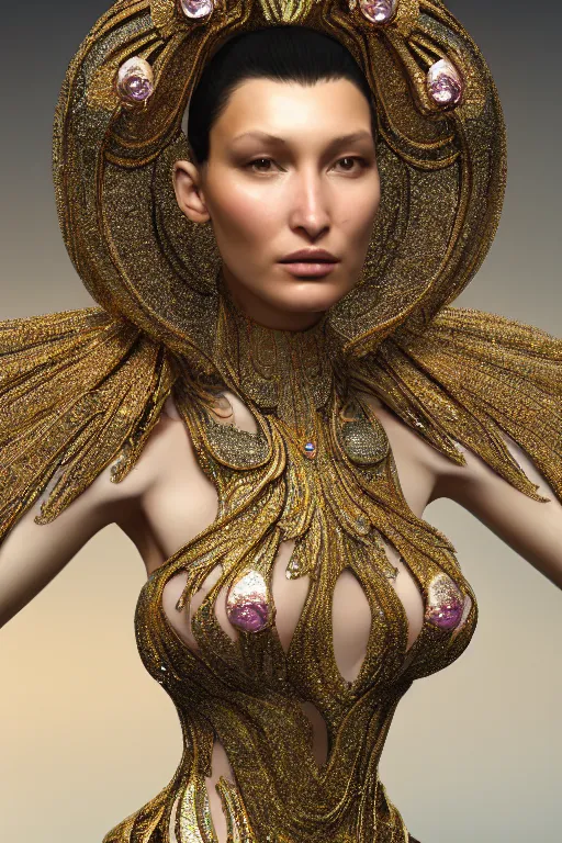Image similar to a highly detailed metahuman 4 k close up render of an alien goddess bella hadid as aphrodite in iris van herpen dress schiaparelli in diamonds swarovski and jewelry in style of alphonse mucha gustav klimt trending on artstation made in unreal engine 4