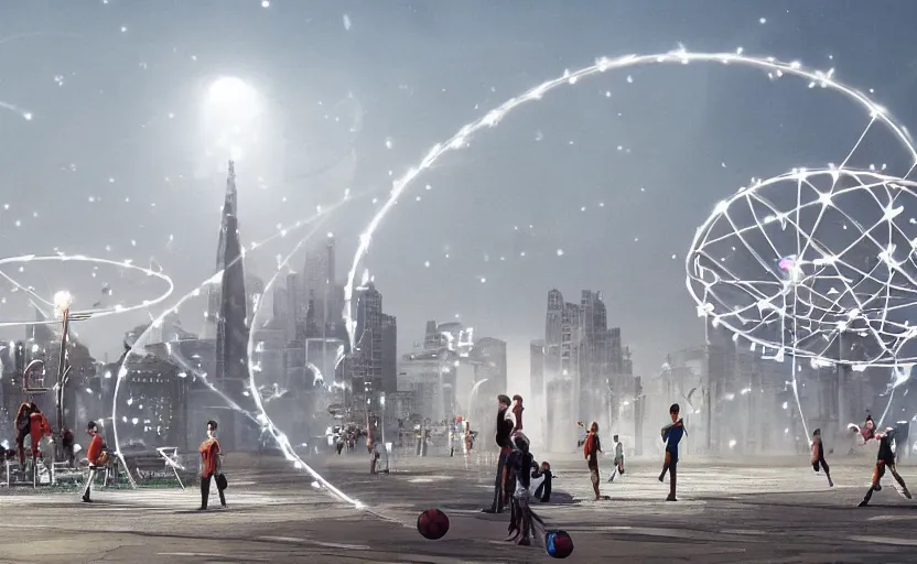 Image similar to people playing football and a spiral - shaped white luminous attractor is floating on the horizon in soviet city, concept art, art for the game, professional lighting, by banksy