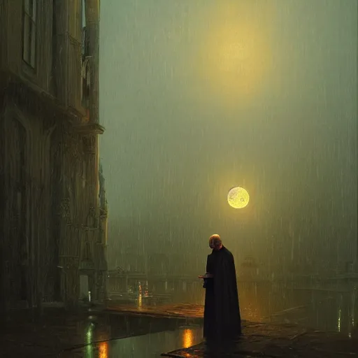 Image similar to a terrified catholic priest, full moon in the background, rainy atmosphere, natural volumetric light, intricate, highly detailed, digital painting, artstation, concept art, sharp focus, illustration, SFW, art by greg rutkowski and alphonse mucha