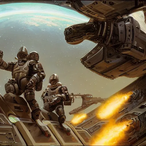 Image similar to space soldiers invading an space station, detailed, centered, digital painting, artstation, concept art, donato giancola, Joseph Christian Leyendecker, WLOP, Boris Vallejo, Breathtaking, 8k resolution, extremely detailed, beautiful, establishing shot, artistic, hyperrealistic, beautiful face, octane render