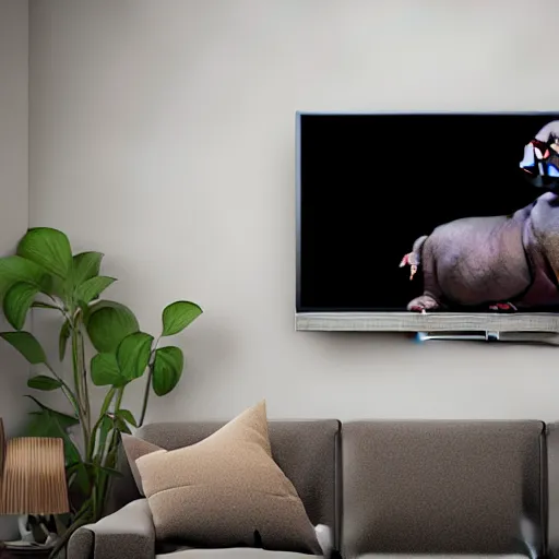 Image similar to a baby hippo lives in a cozy house. it likes to watch tv in the family room. digital art.