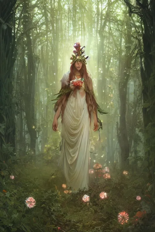 Prompt: a beautiful female forest druid wearing a head dress of flowers and a flowing dress surrounded by light in a heavenly forest realm, full body shot, video game concept art, alphonse mucha, james gurney, greg rutkowski, vivid colour, fine detail, dramatic lighting, beautiful