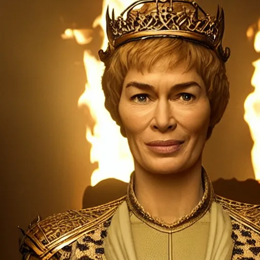 Prompt: cersei lannister emerging from geen wildfire