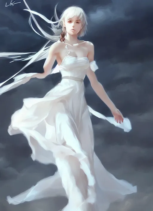 Image similar to a girl with elegant white dress, digital art by krenz cushart, laurie greasly, wlop, artgerm, intricate, ( highly detailed figure ), sharp focus, smooth, epic composition, joyful, unreal engine