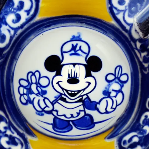 Image similar to a delft blue vase with a happy mickey mouse meth depicted on it ; extremely detailed