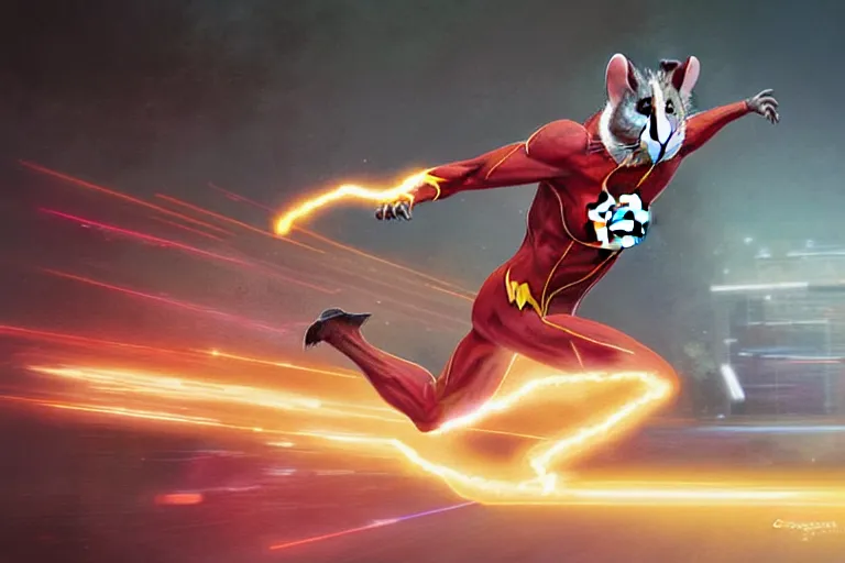 Image similar to a stunning digital painting of a opossum as the flash in spandex costume, running in the speedforce by greg rutkowski, volumetric light, digital art, fine detail, photorealistic