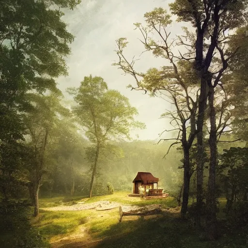 Image similar to a homesteader standing on the porch of his log cabin. pastoral tribute to caspar david friedrich. a wide expansive valley with verdant foliage, tall broad oaks, a beautiful pellucid river running betwixt gorgeous igneous rock driven up by glaciers borderlands cel-shading illustration ismail inceoglu