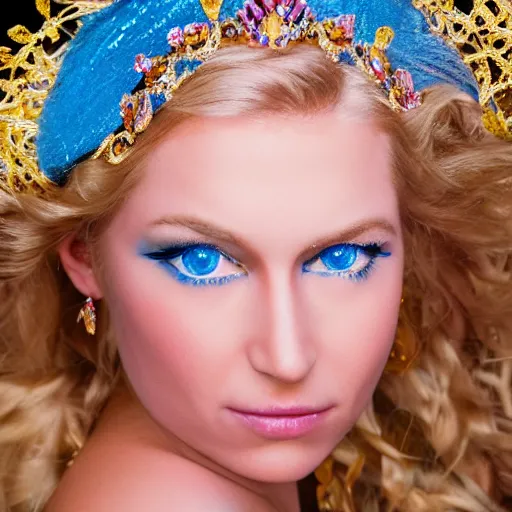 Image similar to close up headshot of a princess with long blonde hair and blue eyes wearing a strapless elaborately beaded pink dress, high resolution film still, 8k, HDR color, film by Simon Langton and David Frankel, triangular face