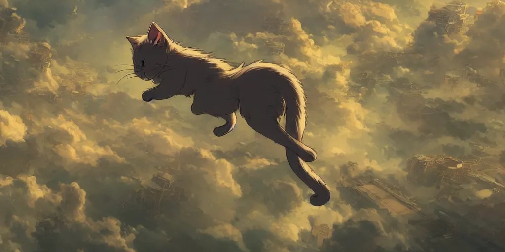 Image similar to a beautiful scene of a cat flying through the air over a sprawling city, concept art, studio ghibli, style of makoto shinkai and alphonse mucha, 4 k wallpaper