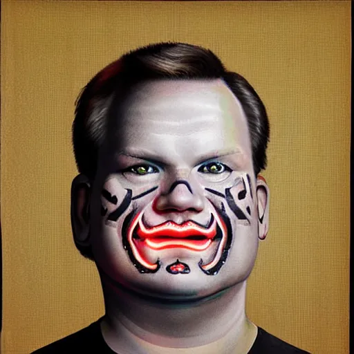 Image similar to andy richter, glowing eyes, facial tattoos by john reuss,