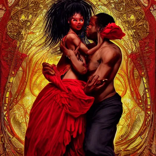 Prompt: a photograpic portrait of a black man dancing with a female devil wearing red clothes, fantasy, intricate, elegant, highly detailed, digital painting, artstation, concept art, smooth, sharp focus, illustration, art by artgerm and H R Giger and alphonse mucha