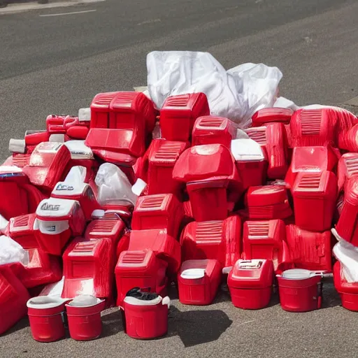 Image similar to pile of red canisters and white bags near wall