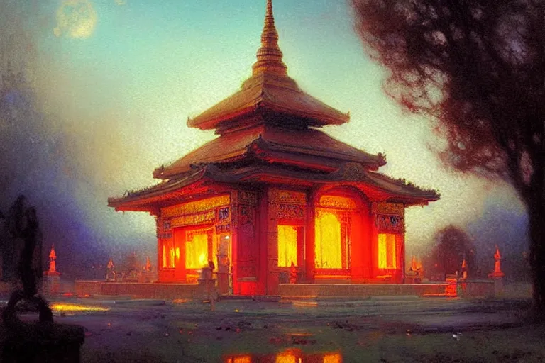 Prompt: mausoleum, buddhism, neon light, painting by gaston bussiere, greg rutkowski