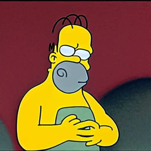 Image similar to a still of homer simpson from die hard ( 1 9 8 8 ), long shot, 1 5 0 mm