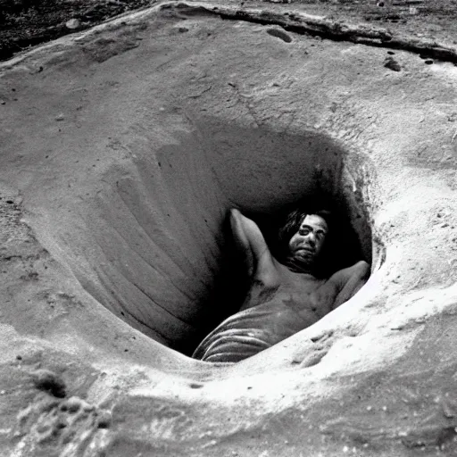 Prompt: a person laying in a huge hole. their body twisted unnaturally. ap photograph 1 9 7 5