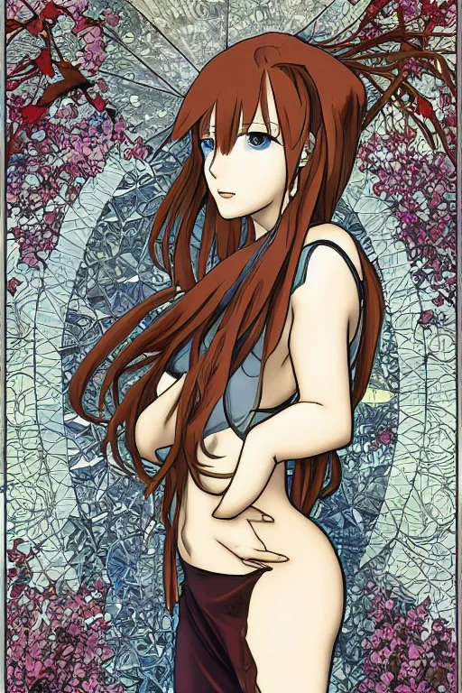 Image similar to Tonemapping Kurisu Makise in the style of Ayami Kojima and Alphonse Mucha