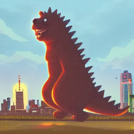 Prompt: a chow chow fighting godzilla in night time tokyo in the style of simon stalenhag