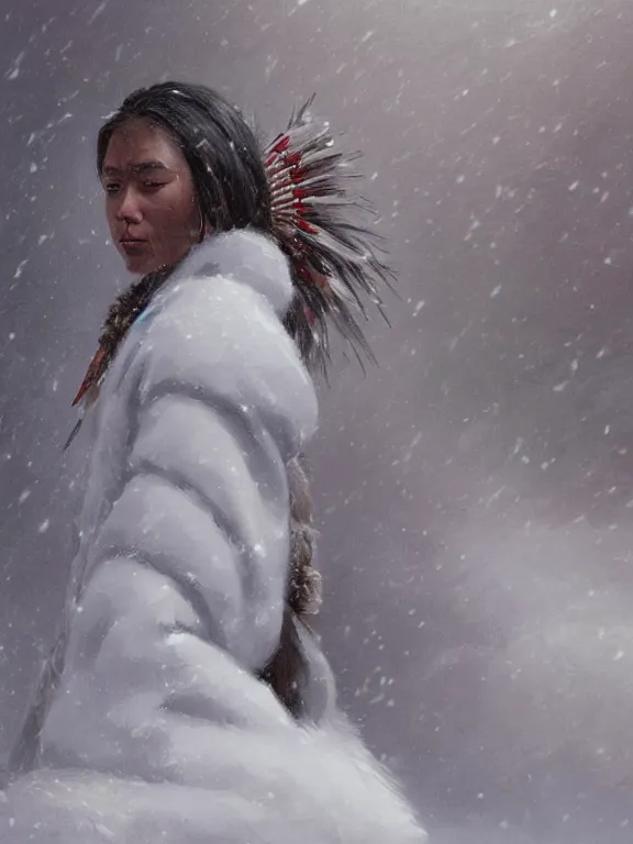 Image similar to an ultradetailed beautiful portrait painting of an female tribe native standing in an arctic snow storm, side view, oil painting, high resolution, by ilya kuvshinov, greg rutkowski and makoto shinkai