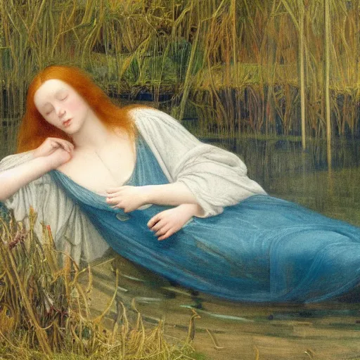 Image similar to breathtaking masterpiece of art, elizabeth eleanor siddall as ophelia laying down in shivasna floating down the river amongst the reeds fully clothed in flowing medieval robes by rosetti, 8 k