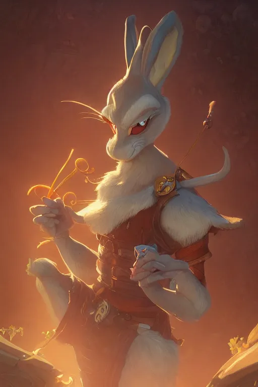 Prompt: cinematic stills of bugs bunny, deep focus, d & d, fantasy, intricate, elegant, highly detailed, digital painting, artstation, concept art, matte, sharp focus, illustration, hearthstone, art by artgerm and greg rutkowski and alphonse mucha