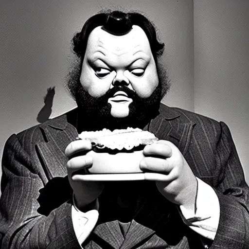 Prompt: portrait of orson welles eating a hamburger, wood sculpture,