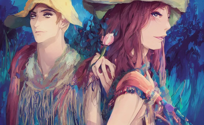 Image similar to bestselling movie poster, official media,a cinematic beautiful closeup moment of lovers saying goodbye wearing boho poncho and sunhat with hyacinths, full body portrait and simple form, brutal shapes, shaman, pixiv, 1970s fashion, official anime media, cinematic lighting, artstation consept artwork by doja cat, charlie bowater, waterhouse, ,greg rutkowski, wong kar wai