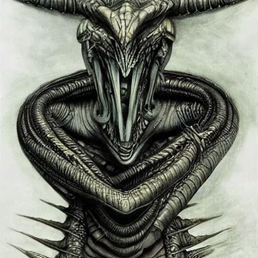 Prompt: an alien dragon by HR Giger