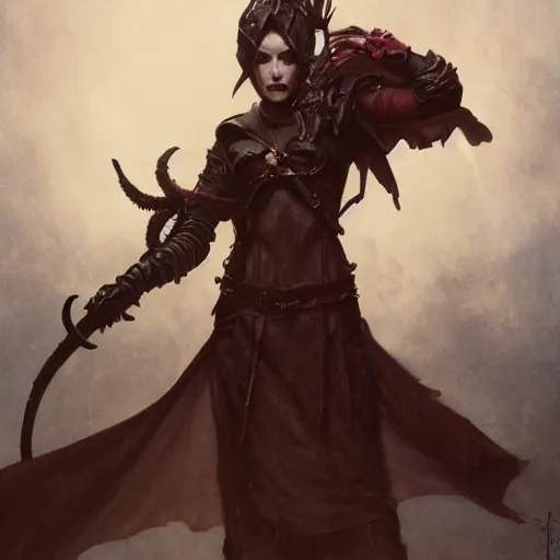 Image similar to portrait of a surly and resentful female tiefling thief with grit and small horns clothed in leather armor and a cloak, angry expression, by Greg Rutkowski and John Collier and Krenz Cushart and Artem Demura and Alphonse Mucha and Albert Aublet, as seen on ArtStation, 4k, dungeons and dragons, very aesthetic, very detailed, intricate, unreal, fantasy, dramatic, painterly, artstation, sharp focus, smooth