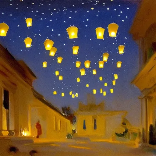 Image similar to beautiful lit lanterns floating in the beautiful night sky, john singer sargent art style, 4 k, modern