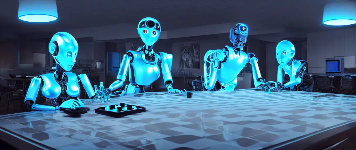 Image similar to a highly detailed photo of two futuristic matte blue full humanoid robots with glowing led eyes and chrome accents, sitting on large midcentury recliners facing off in an intense game of checkers. cinematic movie photograph, cinematic lighting, arri alexa, extremely detailed, smooth, very very clean, 8 k, octane render, maya render, unreal engine, trending on artstation, dslr