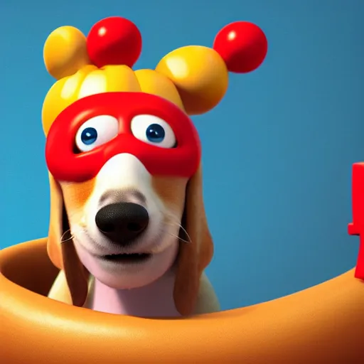 Prompt: cute daschund puppy wearing hot dog costume 4k 3d pixar render on white background