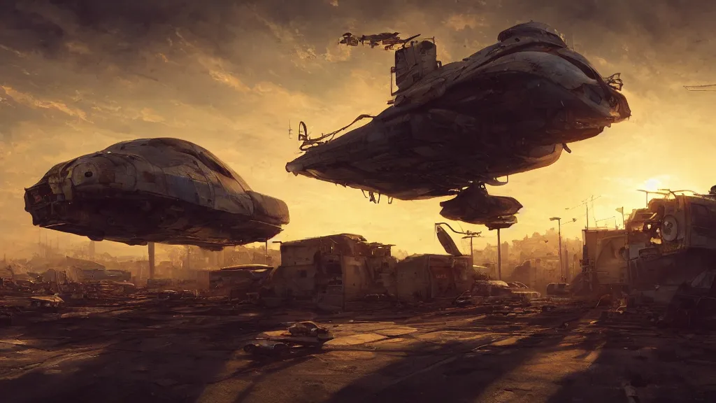 Image similar to a Photorealistic hyperrealistic render of a gigantic spaceship landing at a Junkyard by Greg Rutkowski,Vitaly Bugarov,Stephan Martiniere,Nicolas Bouvier SPARTH,James Paick,dramatic moody sunset lighting,long shadows,Volumetric, cinematic atmosphere, Octane Render,Artstation,8k