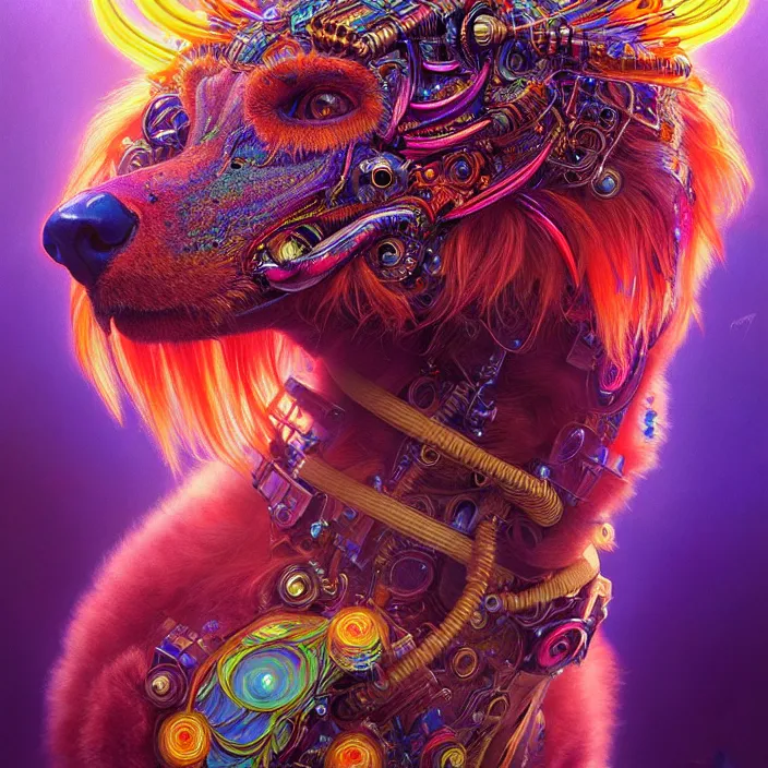 Prompt: bright psychedelic hairy animal cyborg, diffuse lighting, fantasy, intricate, elegant, highly detailed, lifelike, photorealistic, digital painting, artstation, illustration, concept art, smooth, sharp focus, art by John Collier and Albert Aublet and Krenz Cushart and Artem Demura and Alphonse Mucha