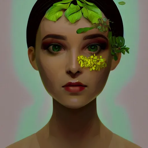 Image similar to face portrait of a woman, polygon art, plants on head, inspired by lois van baarle, cinematic, 8 k