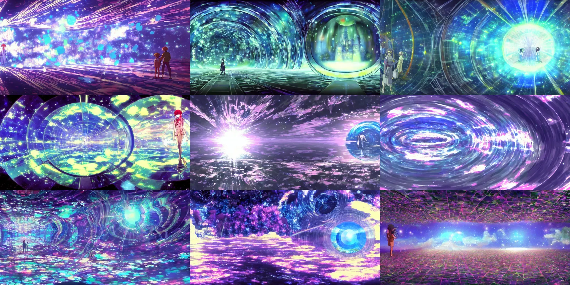 Prompt: a painting of inside the glass refractive prism of dreams ; a beyond - dimensional fantasy world, in a screenshot from the science fiction anime