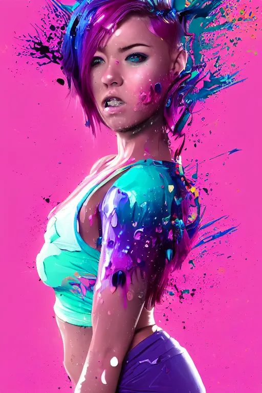 Prompt: a award winning half body portrait of a beautiful woman in a croptop and cargo pants with ombre purple pink teal hairstyle with head in motion and hair flying, paint splashes, splatter, outrun, vaporware, shaded flat illustration, digital art, trending on artstation, highly detailed, fine detail, intricate