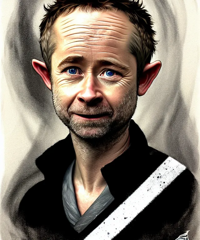 Prompt: a detailed fifty mm portrait of billy boyd as a hobbit in a black adidas track suit with white stripes, headshot, highly detailed, digital painting, artstation, concept art, sharp focus, cinematic lighting, illustration, art by met mangindaan, artgerm and greg rutkowski, alphonse mucha, cgsociety