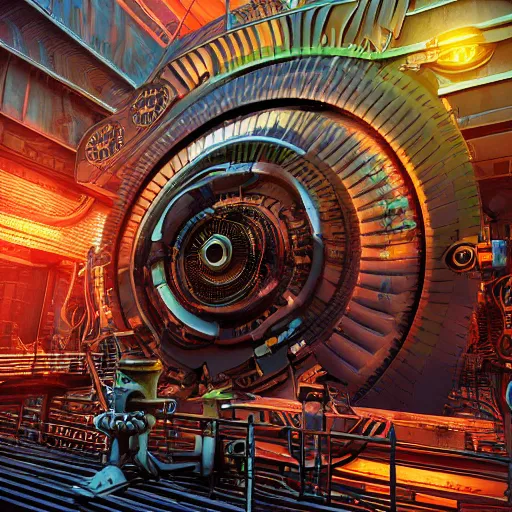 Prompt: album art, tripmachine, album is called tripmachine, photo of a huge steampunk generator, 8 k, fluorescent colors, halluzinogenic, multicolored, exaggerated detailed, front shot, 3 d render, octane