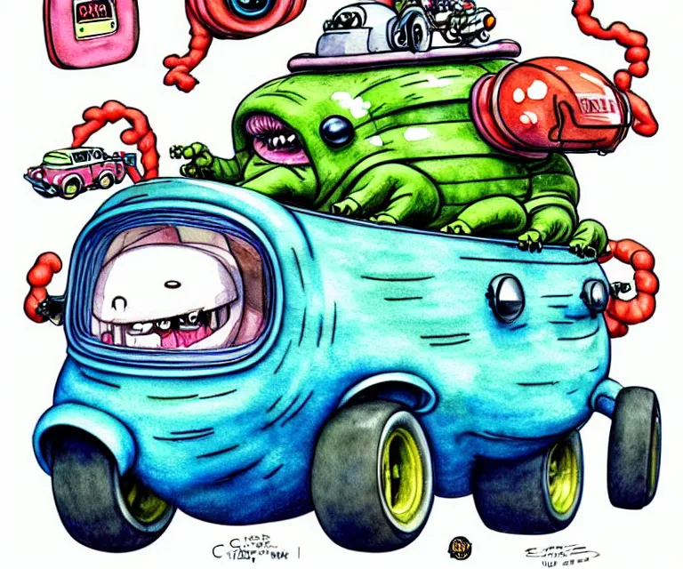 Prompt: cute and funny, tardigrade, wearing a helmet, driving a hotrod, oversized enginee, ratfink style by ed roth, centered award winning watercolor pen illustration, isometric illustration by chihiro iwasaki, the artwork of r. crumb and his cheap suit, cult - classic - comic,