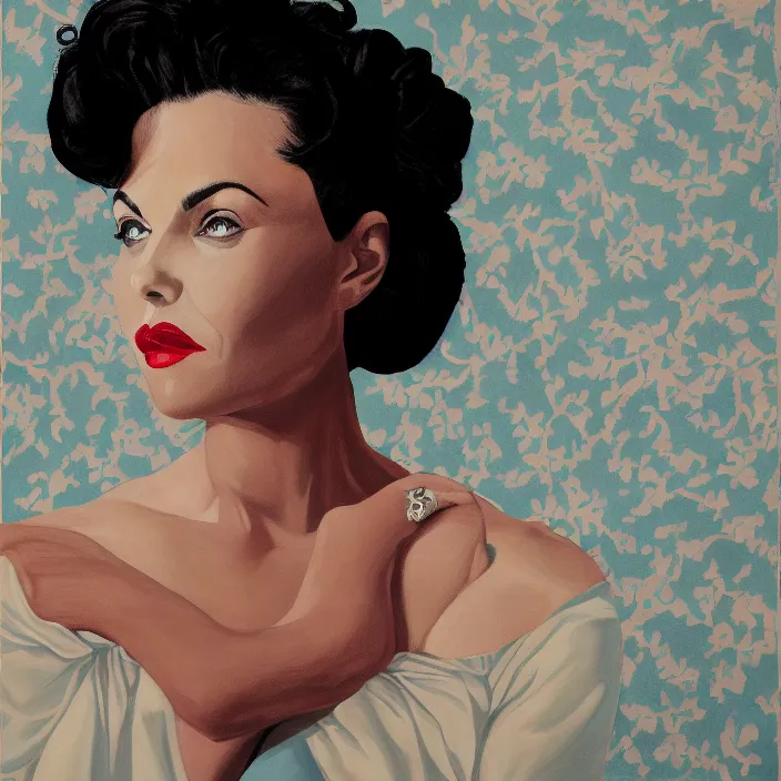 Prompt: a portrait of sherilyn fenn, dramatic, fantastic, dreamy, by kehinde wiley, by amy sherald