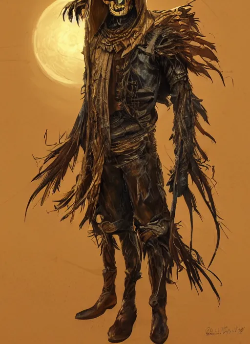 Image similar to powerful male scarecrow, willem dafoe as scarecrow, full body character concept, covered in full leather armor, art nouveau, super powers, fantasy, intricate, elegant, highly detailed, digital painting, artstation, concept art, shining, sharp focus, illustration, art by stanley lau