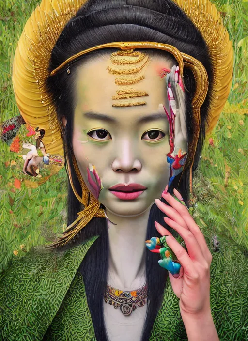 Prompt: beautiful portrait painting of a Kayan godess with long neck in the middle of the forest, by Afarin Sajedi, Alessandro Barbucci, Alex Gross, Shin Jeongho, Shohei Otomo. trending on Artstation, 8k, masterpiece, face enhance, graffiti paint, fine detail, full of color, intricate detail, golden ratio illustration