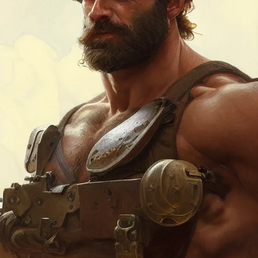 Image similar to portrait of a rugged ranger, muscular, upper body, hairy torso, D&D, fantasy, intricate, elegant, highly detailed, digital painting, artstation, concept art, matte, sharp focus, illustration, art by Artgerm and Greg Rutkowski and Alphonse Mucha