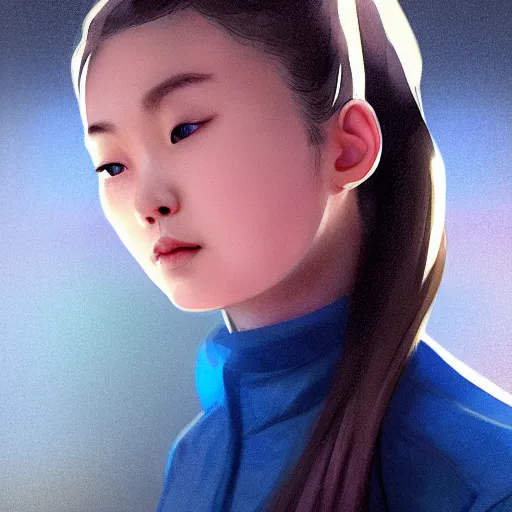 Image similar to a photorealistic hyperrealistic, bright blue eyes, light asian young girl, ponytail hair, flawless face, asian eyes, cute face, black turtle neck shirt, by wlop, artgerm, greg rutwoski, alphonse mucha, beautiful dynamic dramatic low - light moody lighting, cinematic atmosphere, artstation, concept design art, octane render, 8 k