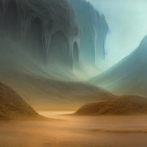 Prompt: a simple and beautiful detailed concept art that is digitally painted of a serene landscape that looks like it's from the matrix movie, by zdzisław beksinski and artem demura and john howe, featured on artstation, featured on behance, golden ratio, ultrawide angle, f 3 2, well composed, cohesive