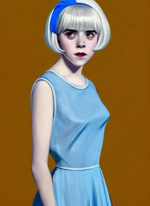 Image similar to portrait of kiernan shipka with freckles, white hair, big 1 9 6 0 s bob hairstyle with bangs and hairband, blue 1 9 6 0 s dress, intricate, elegant, glowing lights, highly detailed, digital painting, artstation, concept art, smooth, sharp focus, illustration, art by wlop, mars ravelo and greg rutkowski