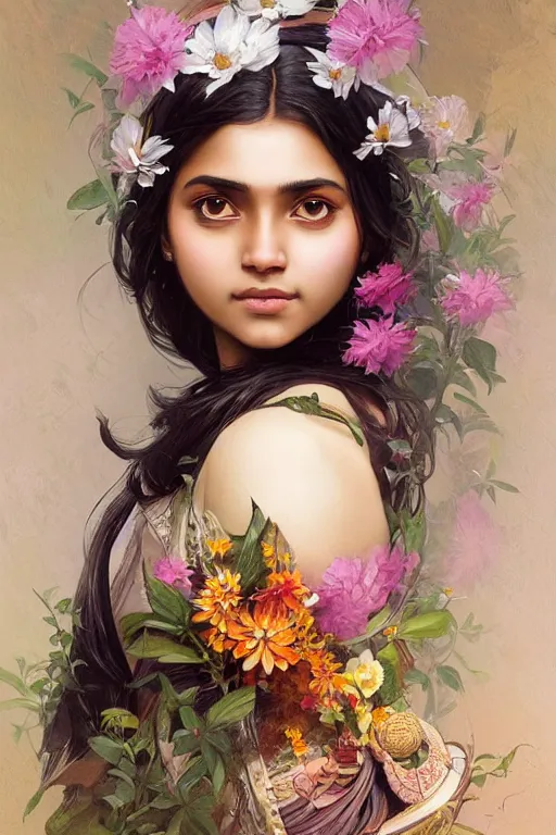 Prompt: ultra realistic illustration, indian girl with flowers blossoming from helmet, elegant, highly detailed, digital painting, concept art, smooth, sharp focus, illustration, art by artgerm and greg rutkowski and alphonse mucha