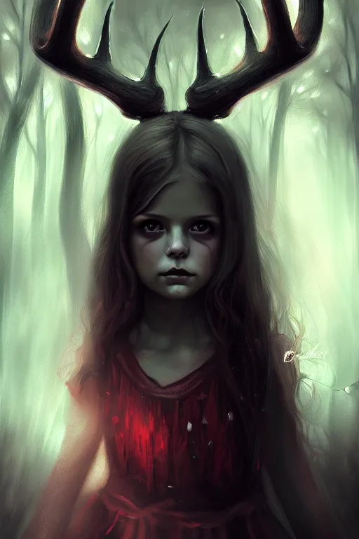 Image similar to a portrait of a little girl with antlers in a forest at night, dark, gothic, fantasy, portrait, figurativism, muted colors, digital painting in the style of bastien lecouffe - deharme, trending on artstation, detailed